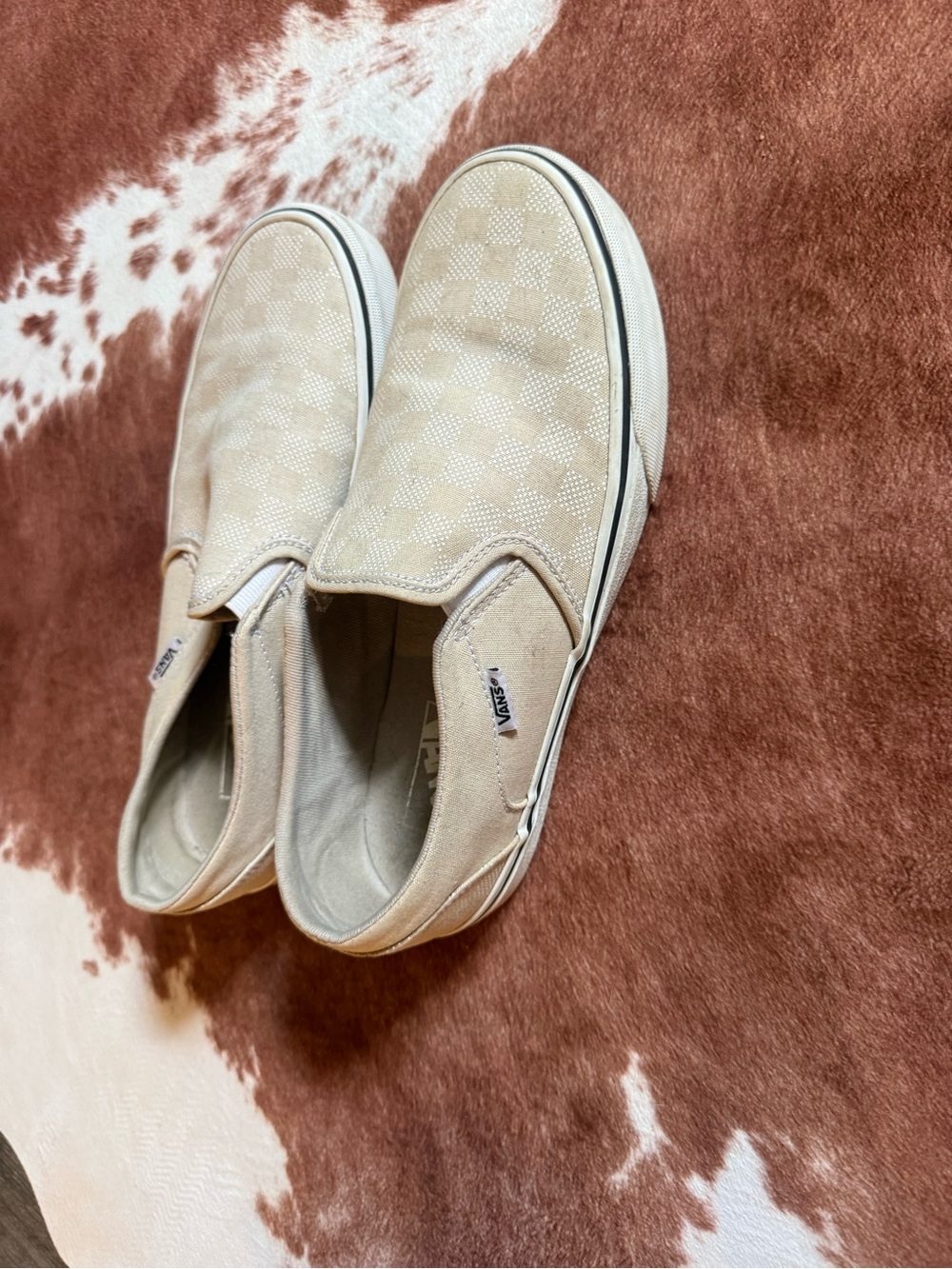 Vans Slip-On Checkered Canvas Sneakers in Tan and White
